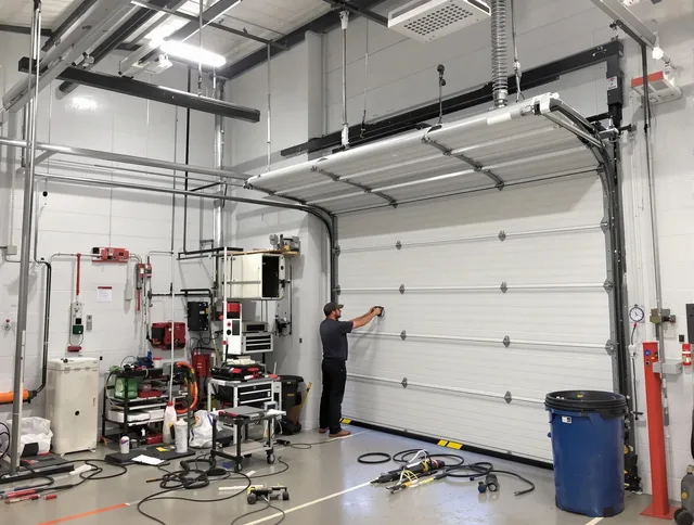 Scituate Garage Door Repair certified technician performing commercial door repair at a Scituate business facility