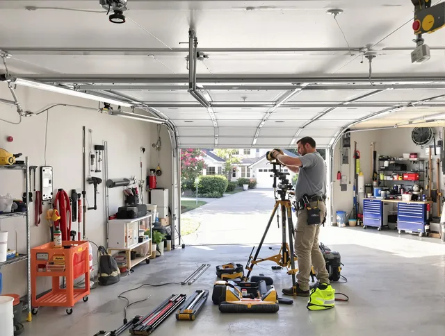 Scituate Garage Door Repair specialist performing laser-guided track alignment in Scituate